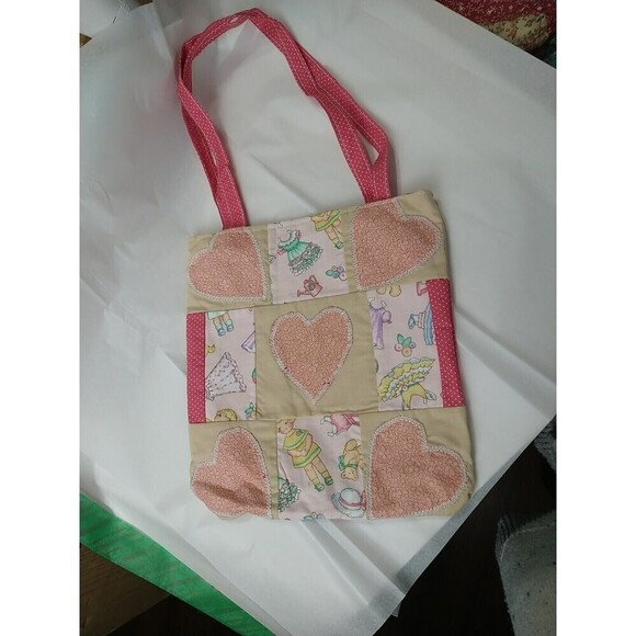Handmade New Quilted Square Pink Creme Hearts Paper Doll Book Bag/ Library Bag. - Picture 1 of 11